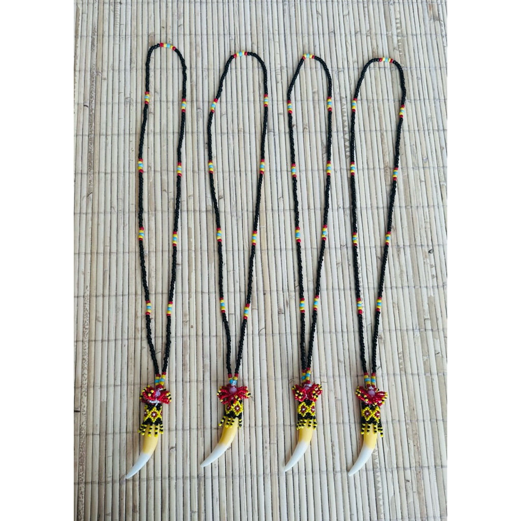 REPLIKA East Kalimantan Beads - Dayak Ethnic Bead Necklace Replica Fiber Fang Pendant/ | Handmade Kalimantan Tribal Necklace