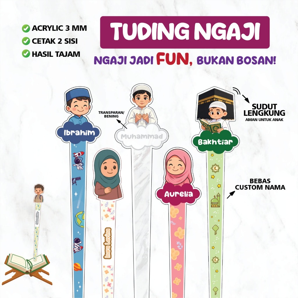 NugenPrint Tuding Ngaji Custom Suding Point Kalam/ Kalam Custom Ngaji Pointer Muslim Children's Name Custom Character Acrylic Quran Recitation Pointer