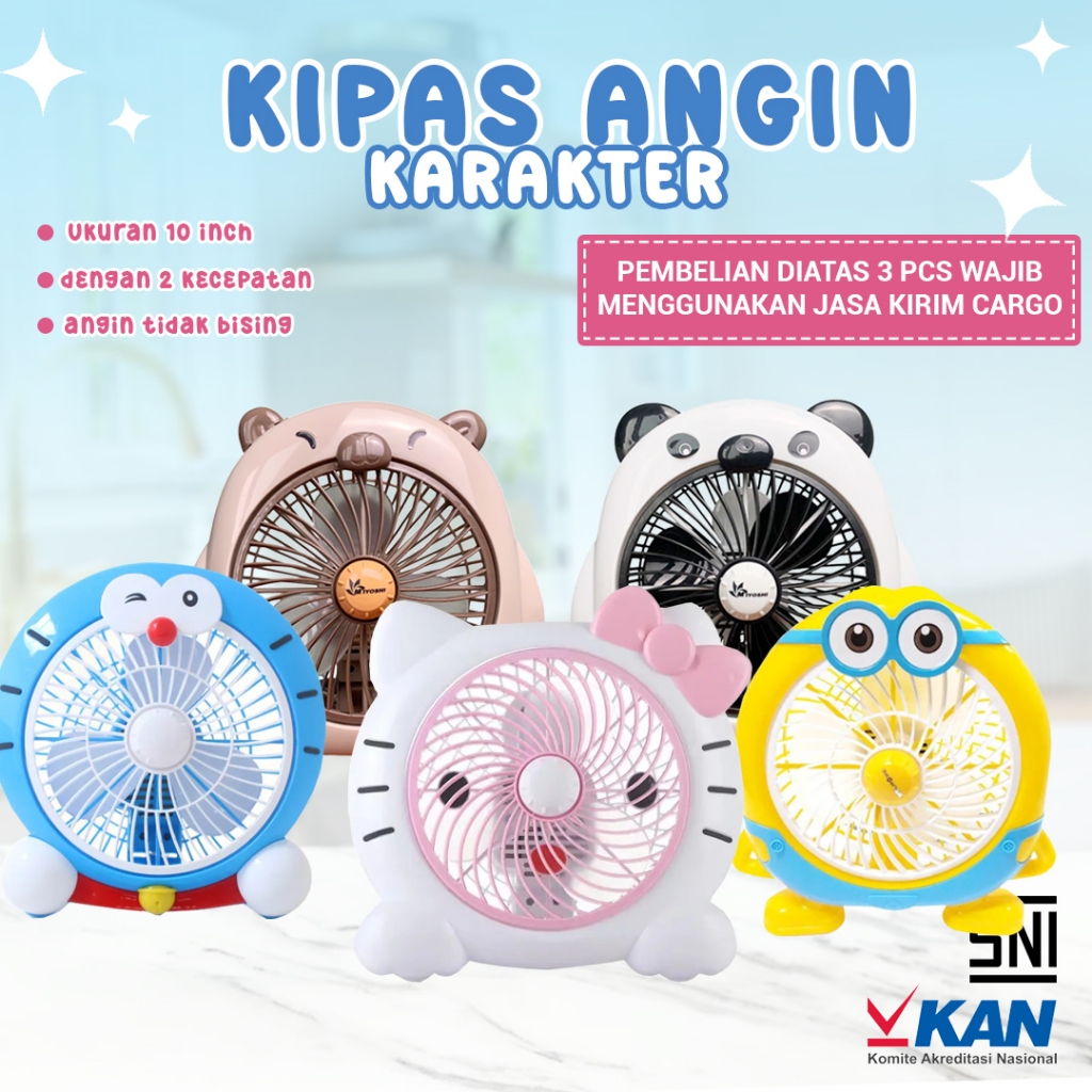 Character Fan / Table Fan 10inch 25cm Hello Kitty Minion Doraemon Panda Capybara Kipas Meja