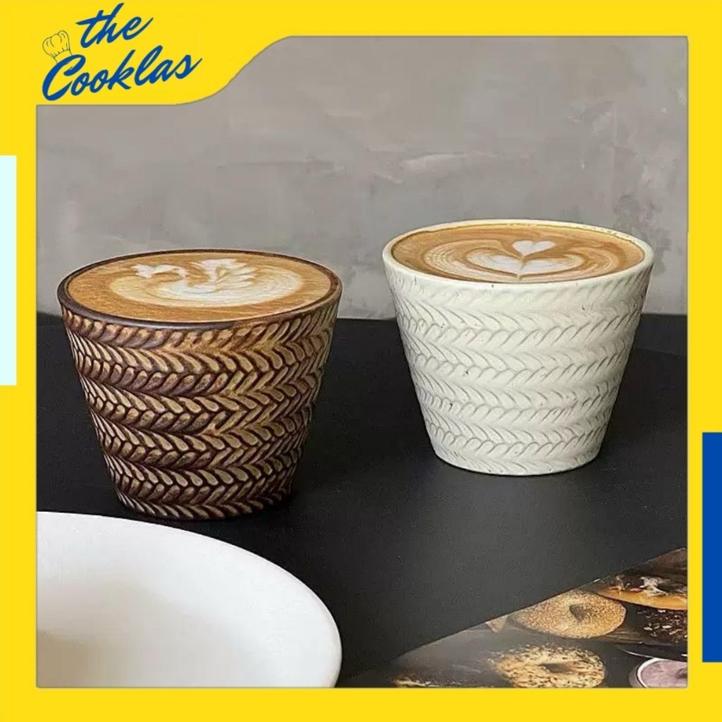 Artisan Wheat Pattern Texture Ceramic Coffee Glass | Handmade Ceramic Cafe Glass | Matcha Latte Coffee Glass