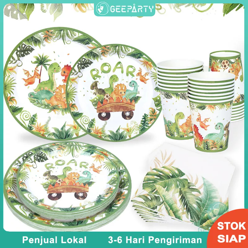 PERALATAN Cartoon Dinosaur Disposable Tableware Set For Jurassic Kids Birthday Party Decoration