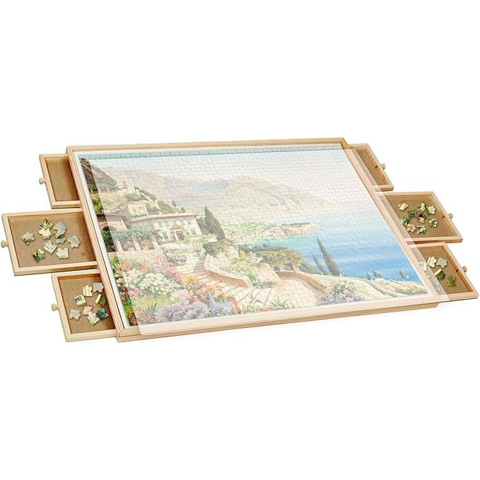 1500 Pcs Tilting & Rotating Puzzle Board for Adults, Wooden Puzzle Table with 6 Drawers and Cover