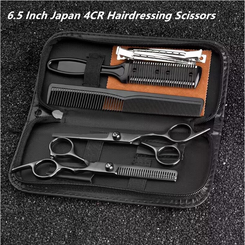 6.5inch Professional Haircut Scissors Set Flat Cut Tooth Laser Thinning Black Gold
