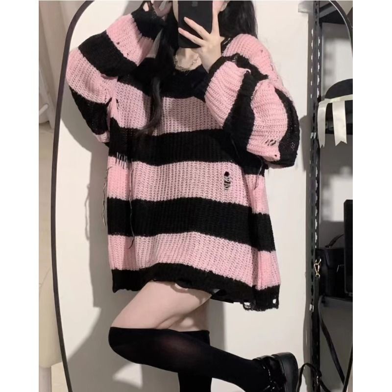 Vintage Ripped Loose Knitted Sweater Women Autumn Design Striped Long-Sleeved Pullover Outer Top