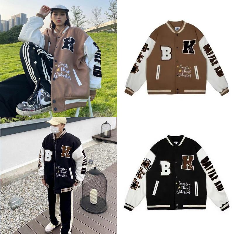 Unisex varsity jacket for women and men korean style vintage embroidered baseball jackets oversized fashion street hiphop long seelve coats black brown baju besbol lelaki 棒球服外套