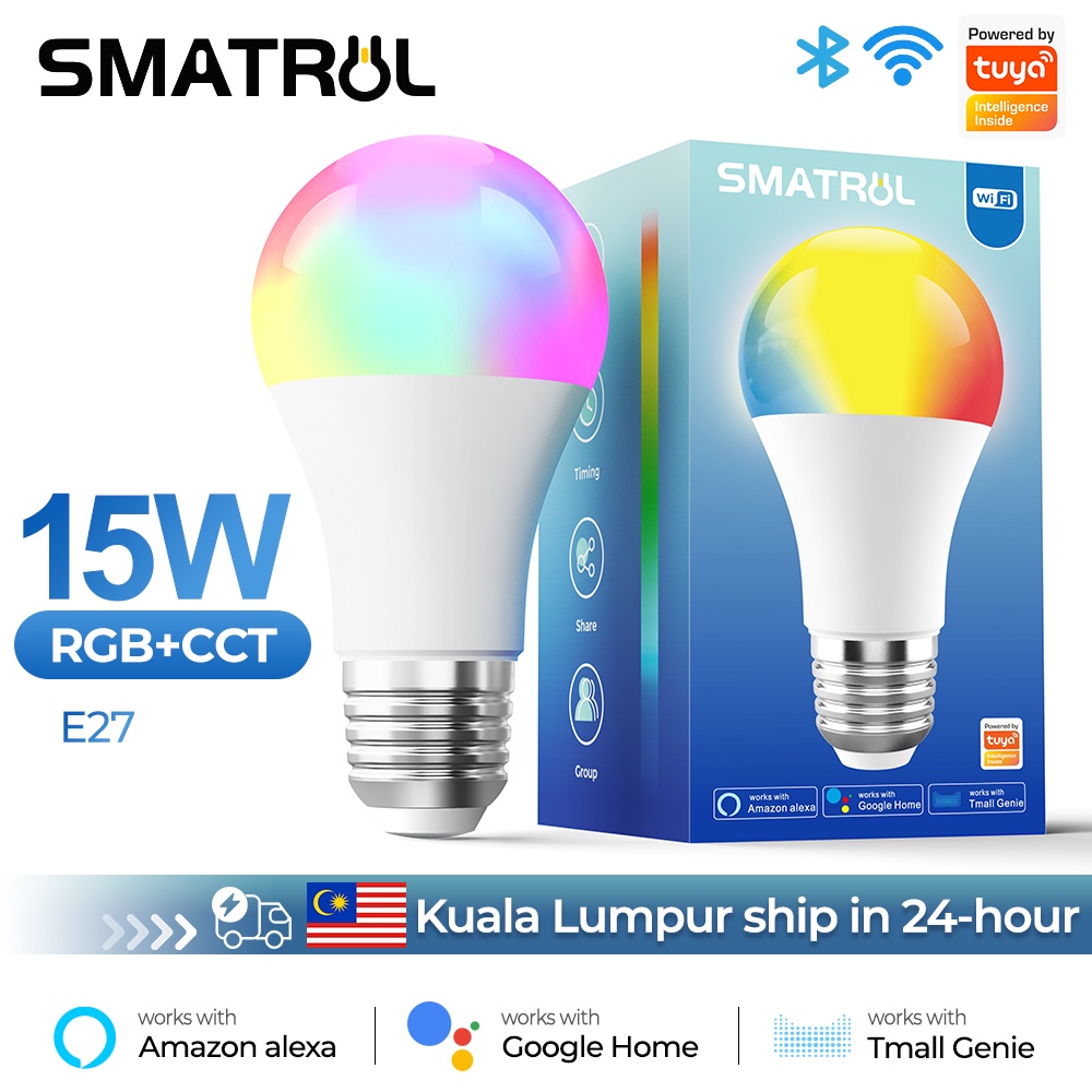 SMATRUL E27 15W RGB LED Wifi Smart Light Bulb for Amazon Alexa Google Home Tmall Genie 天猫精灵