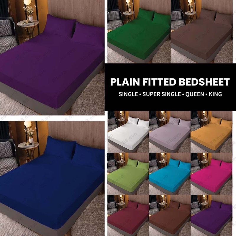 Plain Colours 4in1/2in1 Fitted Bedsheet Set Pillow Case Bolster Case (Single | Queen) Cadar Getah Keliling