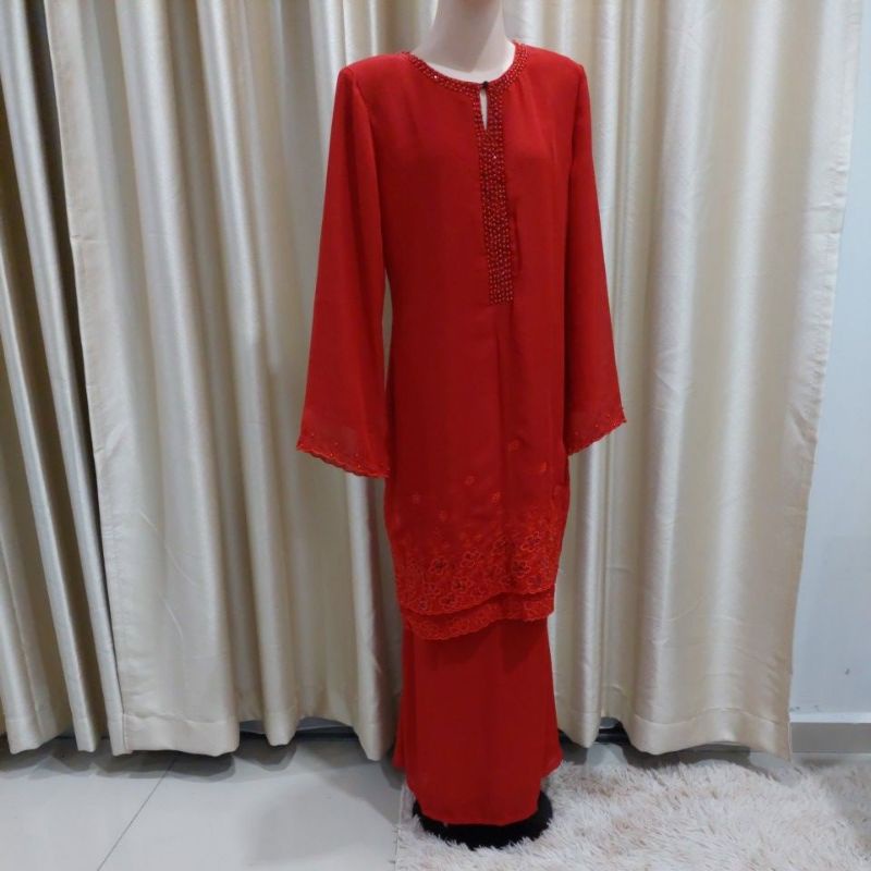 New Item! Baju Kurung Moden Chiffon Plain Merah Cili - Ready Stock!