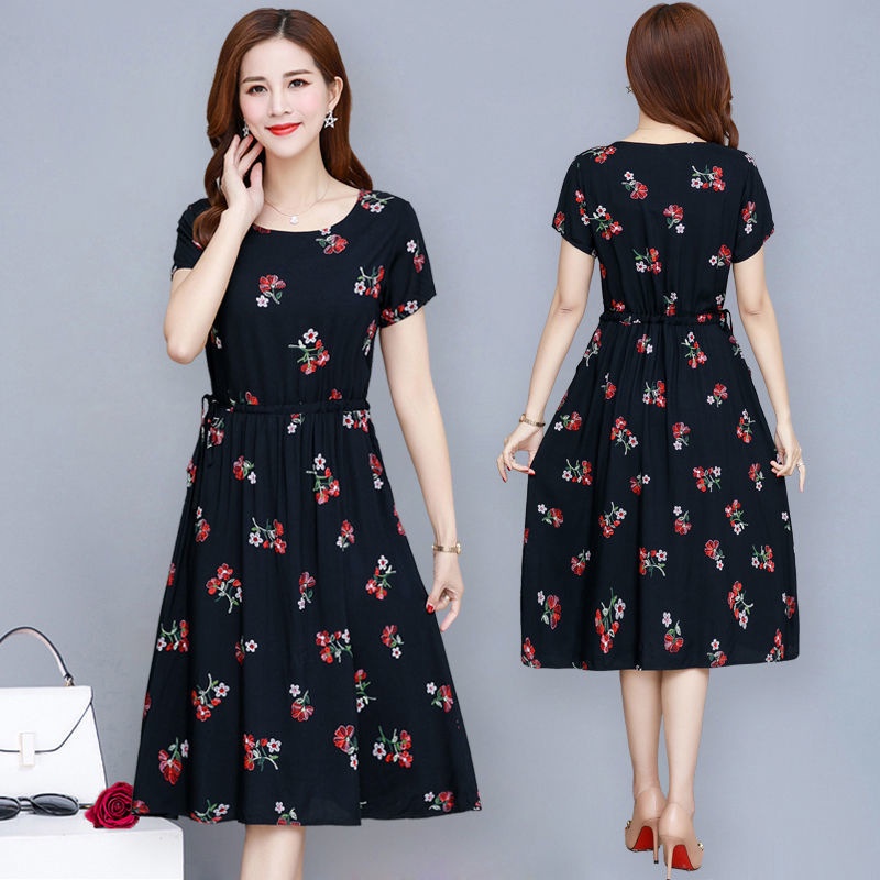 XL-5XL Women's Floral Dresses Plus Size Ladies Short Sleeve Round Neck Dress Female Fashion Elegant A-line Midi Dress Middle-aged and Elderly Women Lacing Dresses