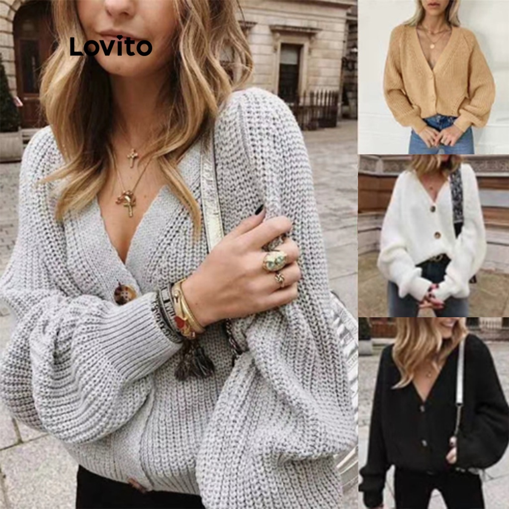 (Essential Item) Lovito Casual Plain Long Sleeve Button Sweater Knitted Cardigan for Women