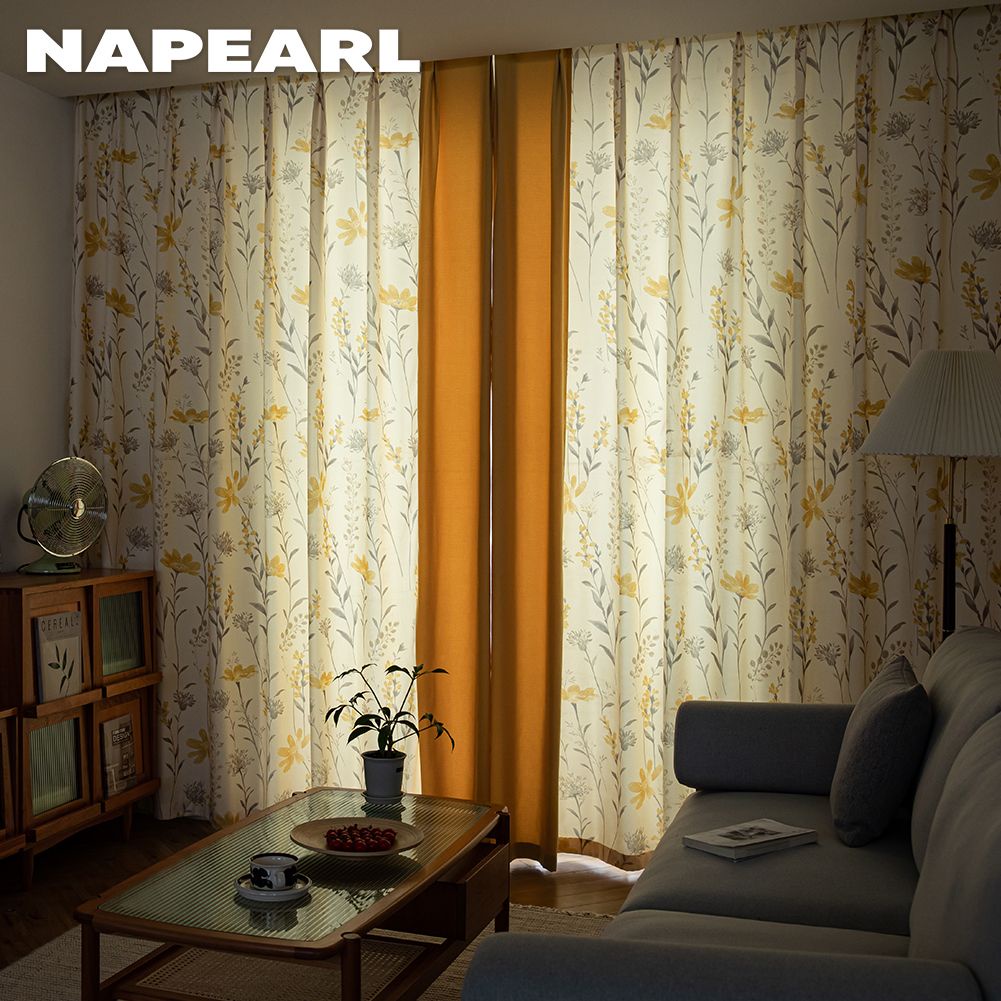 NAPEARL 60-70% Blackout Yellow Warm-toned Curtains Flower Printing Curtain Modern Fashion Living Room Curtains Langsir Hari Raya