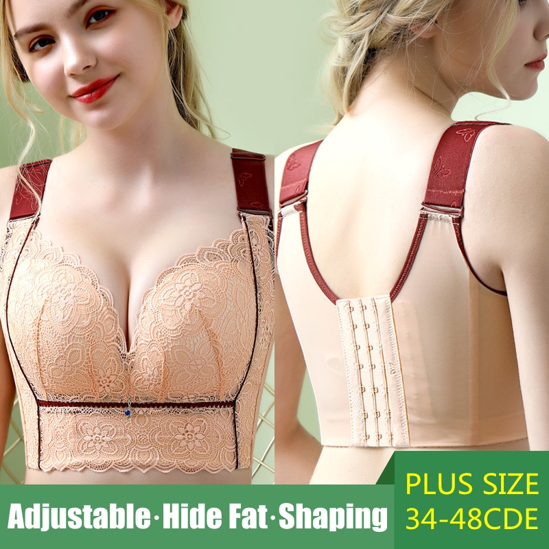 Ready StockNew Women's Contrast Delicate Lace Seamless Plus Size Bra Fashion Full Coverage Light Soft Wireless Sexy Push Up Bralette Big Size Side Support Hide Back Fat Anti Sag Bra Beauty Salon Adjustable Shaping Bras Breathable Comfortable Lingerie