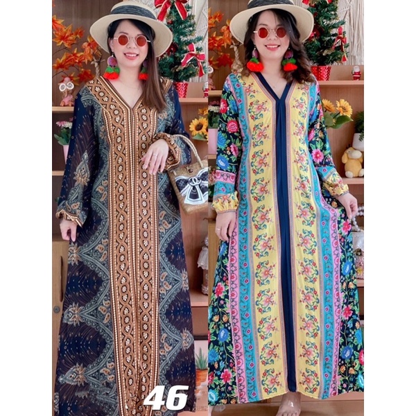 Woman Summer Holiday Beach Tropical Kaftan Batik Floral V-Neck Leisure Longsleeve Loose Maxi Dress 潮流休闲宽松民族风连衣长裙