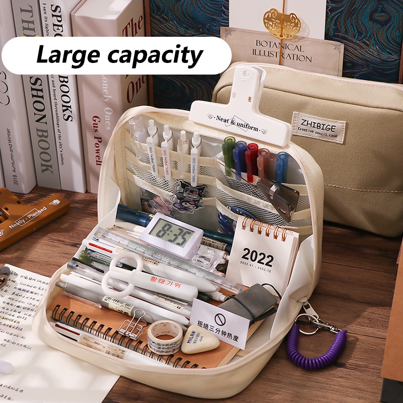 Large Capacity Student Canvas Pen Bag Pencil Case Standing Big Opening