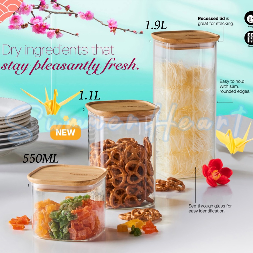 Tupperware Glass & Bamboo Storage Jar 550ml / 1.1L / 1.9L 1PC Shopee