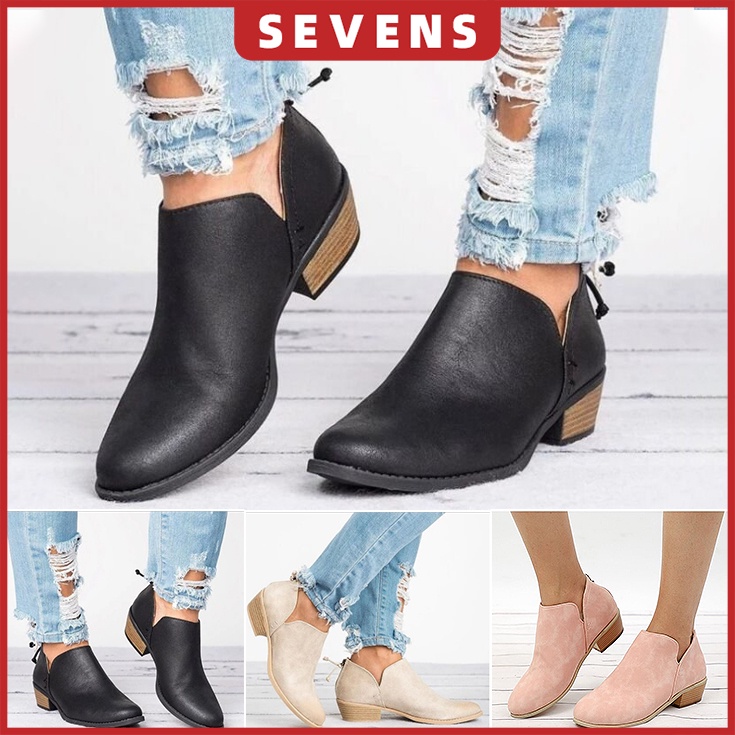 raya Ready stock black heels ankle Cowboy boots shoes women kasut boot wanita perempuan murah plus size 35-43