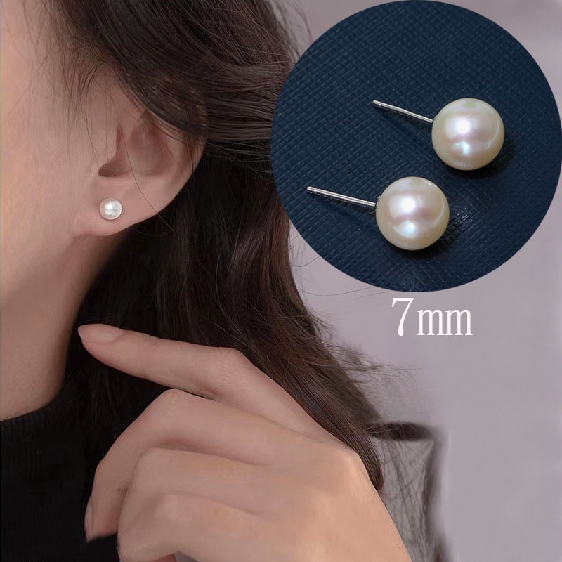 Korea S925 Silver Stud Earrings 7mm Pearl Simple Versatile Stewardess Ear Stud Accessory