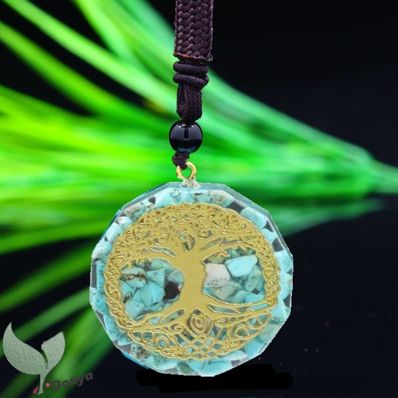 Tree Of Life Orgonite Pendant Necklace-Natural Turquoise Crystal Healing Pendant-EMF Protection Reiki Meditation Shri Yantra Spiritual Gift