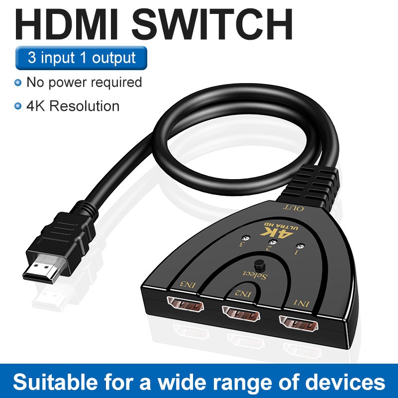 4K HDMI Switch Cable HD Video Switcher Adapter 3 Input 1 Output Port