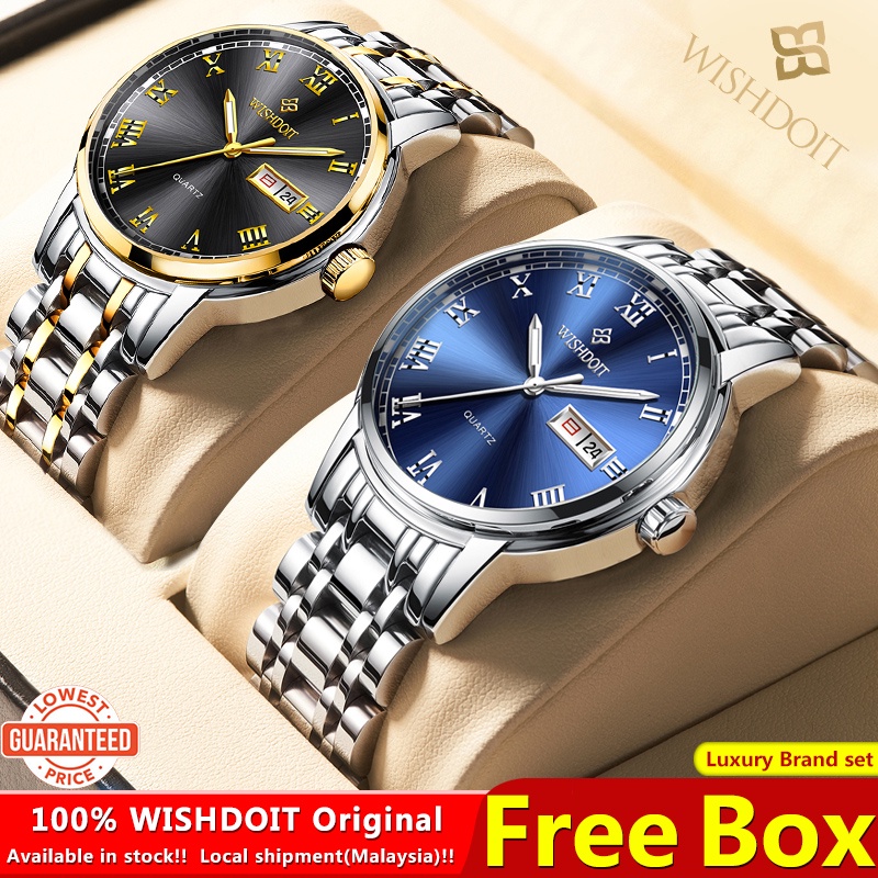 [Malaysia Stock]（Gift Set）WISHDOIT Couple Watch Set Original Jam Tangan Pasangan Lelaki/Wanita/Perempuan Men/Women Waterproof Stainless Steel Quartz Ladies Watches Business Casual[Free Box+Leather Strap] Luxury Brand