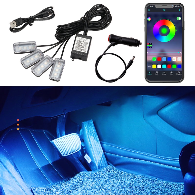 Car Interior Atmosphere Foot Light USB Auto Decorative Ambient Light Cigarette Music APP Control 7 Color RGB