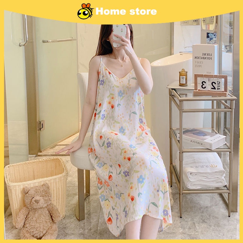 24 colorsBee's Baju Tidur wanita plus size Night dress Satin-Cotton silk Nightdress skirt ladies sleeping dress summer Slip dress Pajamas Nightwear