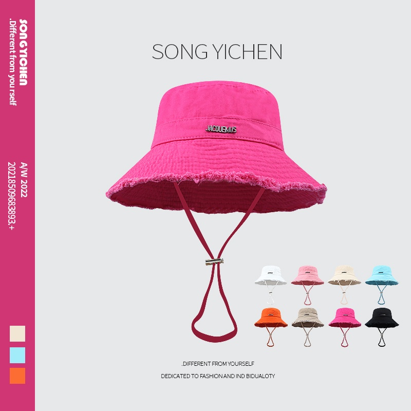 Hyuna Same Style JACQUEMUS Summer Washing Big Brim Bucket Hat Vacation Fur Edge Sling Sunscreen Female Sun