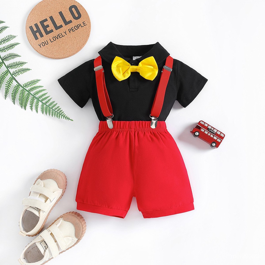 Get gifts/QM Foreign Trade Children's Wear Baby Gentleman Suit Boys' Bow Tie Short Sleeve Rompers Suspender Pants Two-P