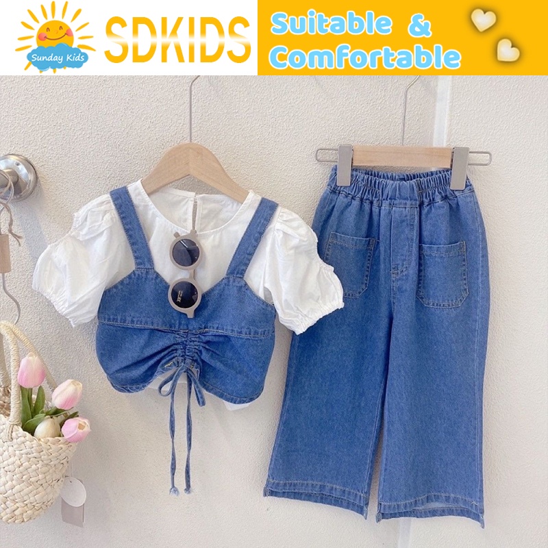 girls' drawstring denim suspenders short-sleeved tops and jeans three-piece summer Korean style new children's clothing