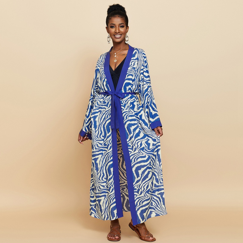 Zebra Striped Print Kimono Rayon Women Luxury Belt Coat Royal Dubai Ankle Length Robe Summer Beach CoverUps Resortwear Cardigans Baju Kelawar Abaya Cloak