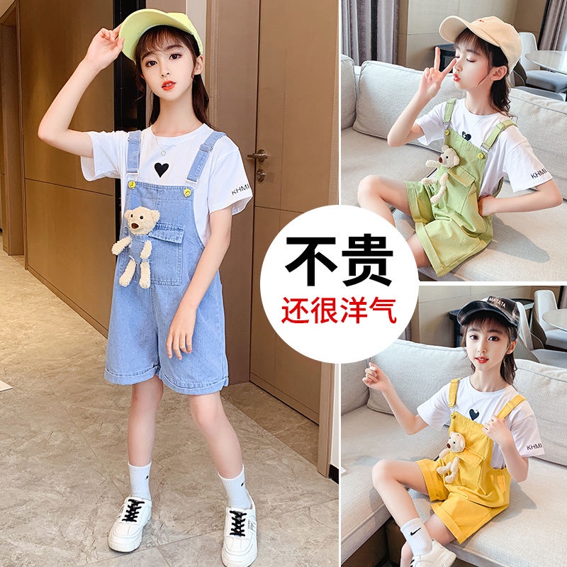 Girls Overalls Summer Suit Two-Piece Net Red New 10-Year-Old Girl Student Denim Middle-Aged And Older Children/Kanak-kanak Perempuan Keseluruhan Musim Panas Sesuai Dua Keping Merah Baru 10 Tahun Pelajar Perempuan Denim Pertengahan Umur Dan Lebih Tua