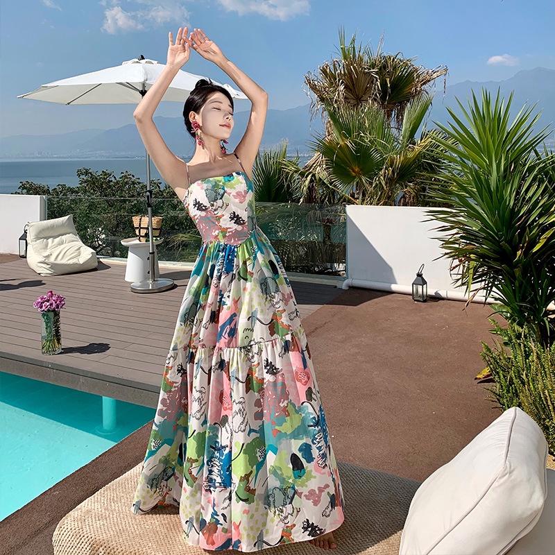 【High Quality & In stock】Sunset floral sling dress spring 2023 new tea break French seaside holiday skirt