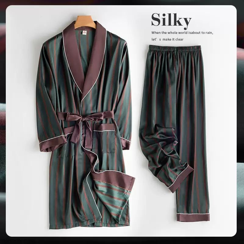 5.295.29silk robe male ice long thin loose money in pajama Nightgown male ice Silk Mid-Length thin loose Style Pajamas Real Silk long-Sleeved Set Spring Autumn Bathrobe Bathrobe