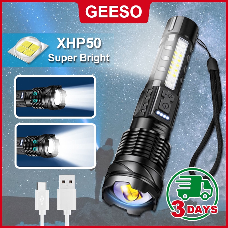 GEESO Lampu Suluh LED Flashlight Zoomable Sidelight USB Rechargeable 1865 Battery Super Bright Cree XHP50 Tactical Torch Light Zoom Led Torch Light Torchlight 7 Modes 强光手电筒 变焦手電筒