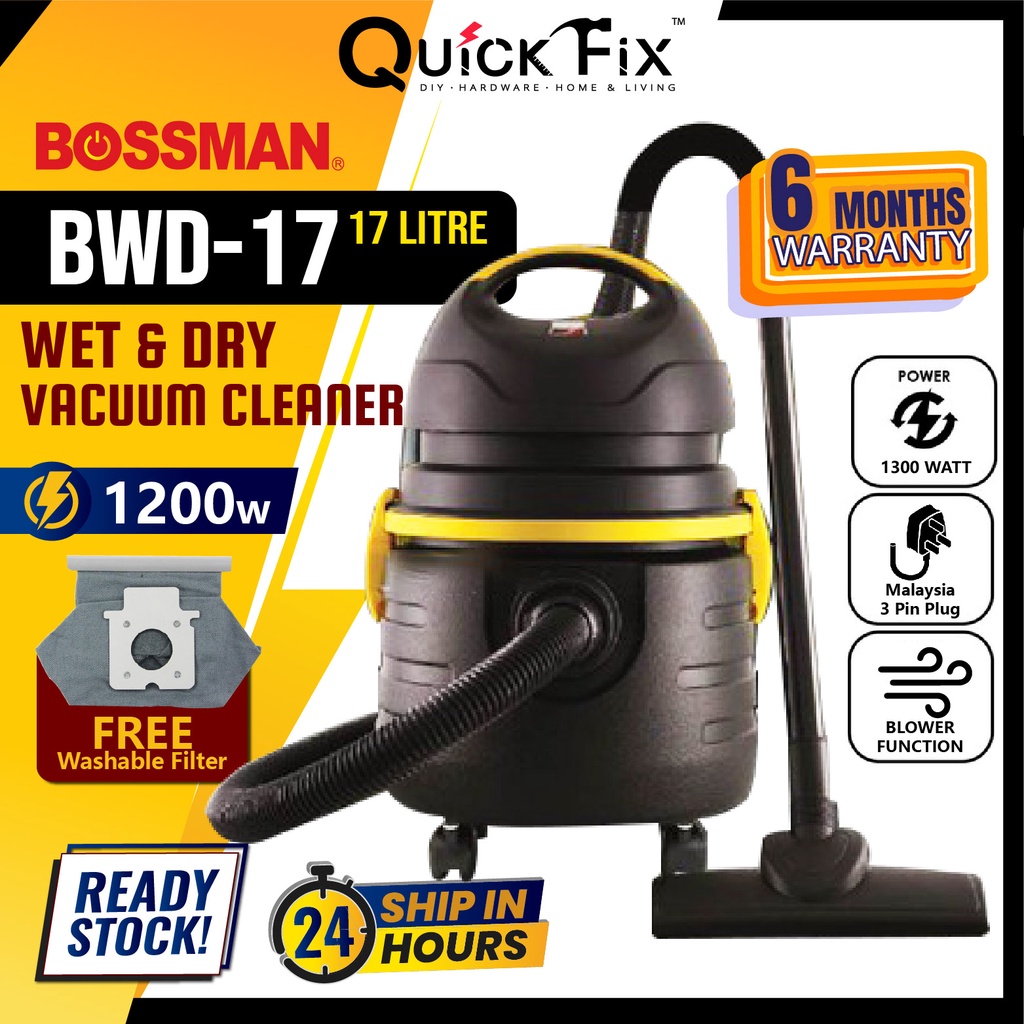 QuickFix [NEW 3 IN 1] 17 Litre Wet Dry Vacuum Cleaner 1300 Watt Max Wet & Dry Vacum Wet And Dry Vakum BOSSMAN BWD-17BL