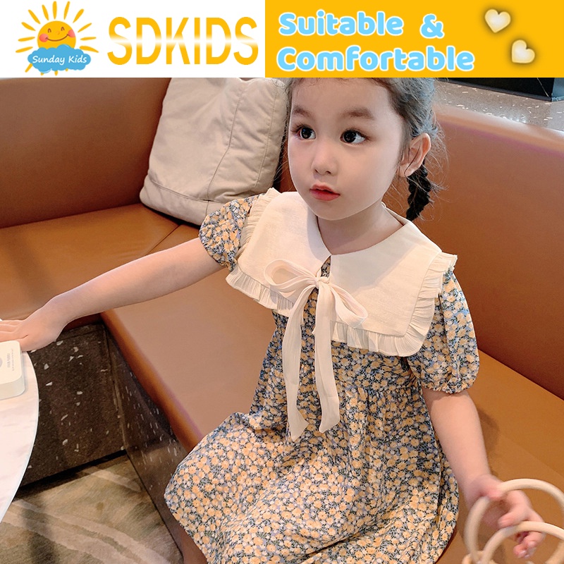 children fashion clothes Summer lapel bow floral skirt short sleeve fashionable girl princess dress for kids