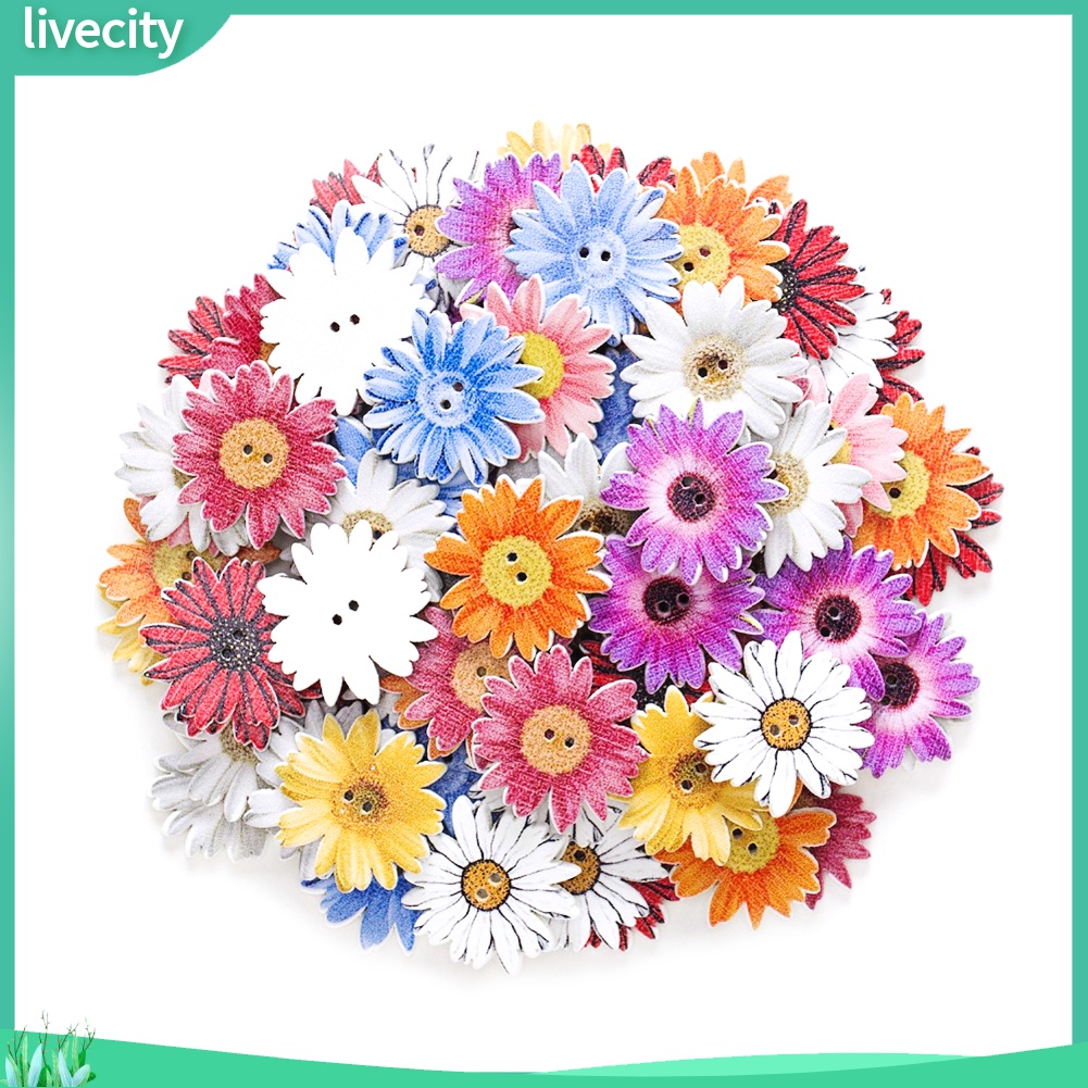 {livecity} 50/100Pcs Marguerite Shape Holes Wooden Buttons DIY Scrapbook Sewing Accessory