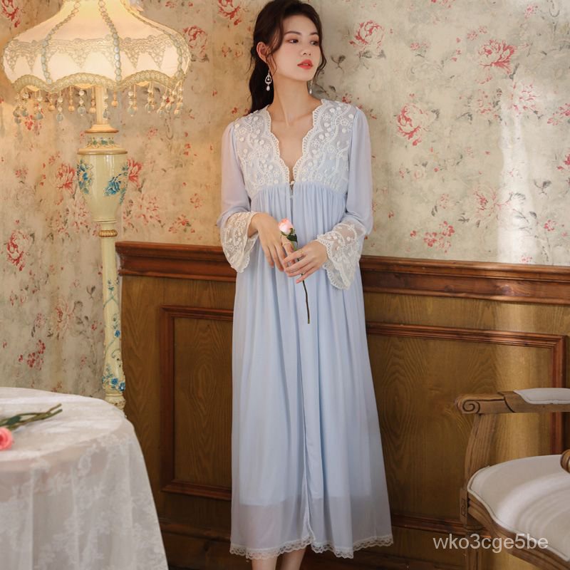 Contact before order】e Nightgown Women's Lace Nightdress Chest Pad Spring Court Style Pajamas Mesh Sexy Outerwear Homewe