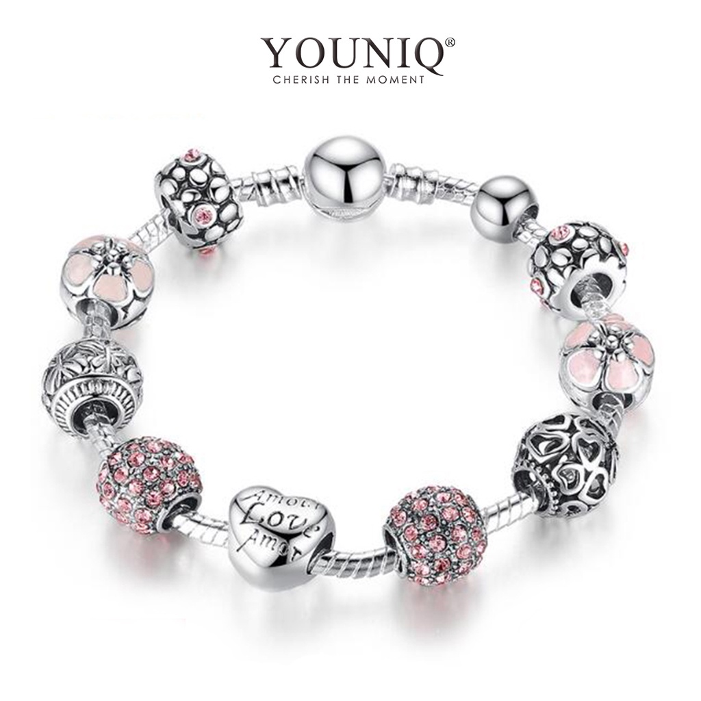 YOUNIQ 925S Silver Plated Charm Bracelet Crystal Ball Love + Flower