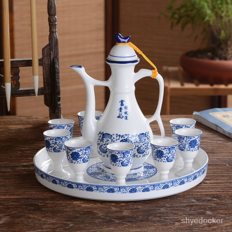 Get gifts/QM Fake Antique Blue and White Wine Pot White Spirit Bottle Wine Glass Household Chinese Style Liquor Ware Se