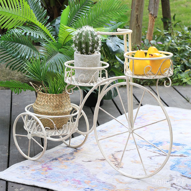 Get gifts/QMAntique Distressed White Metal Flower Wrought Iron Garden Planter Bicycle Tricycle Plant Pot Stand Holder O