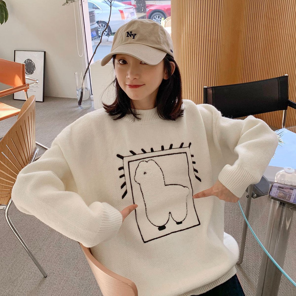 Get gifts/Japanese Sweet Alpaca Sweater Women's Embroidered Crew Neck Pullover Sweater Women's Loose Youthful-Looking T