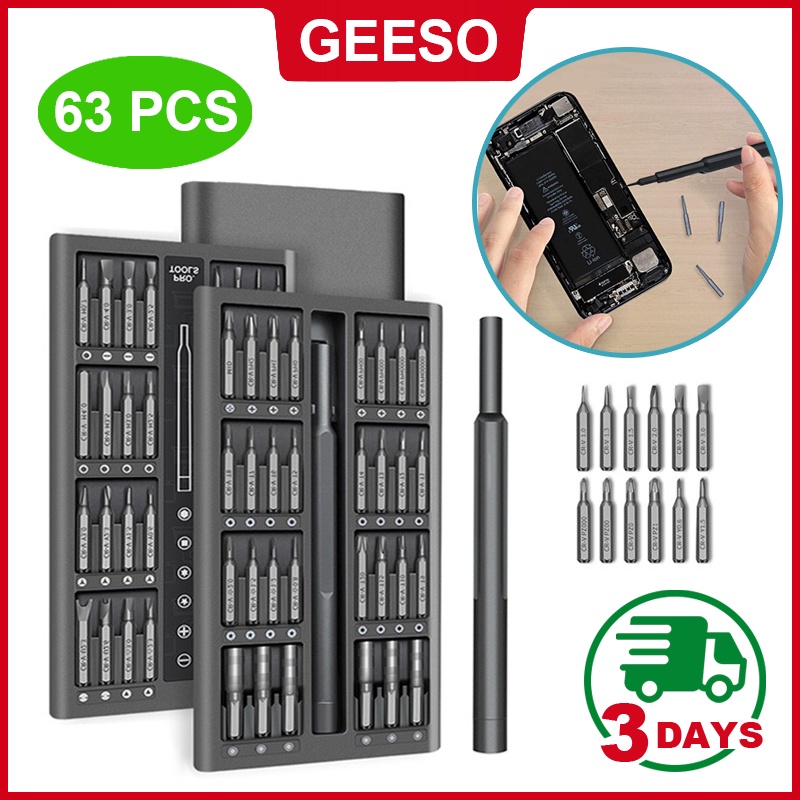 GEESO 63PCS Screwdriver Set Precision Mini Screwdriver Bit Set Magnetic Screw Driver Set Rapair Phone Dismountable Non-Slip 1/4" Hex Phillips Torx Flat Head T5 T6 T7 T8 T9 T10 Screw Driver Bits Household Repair Tools Set For Phone Laptop 可拆卸螺絲刀套装 手機維修工具