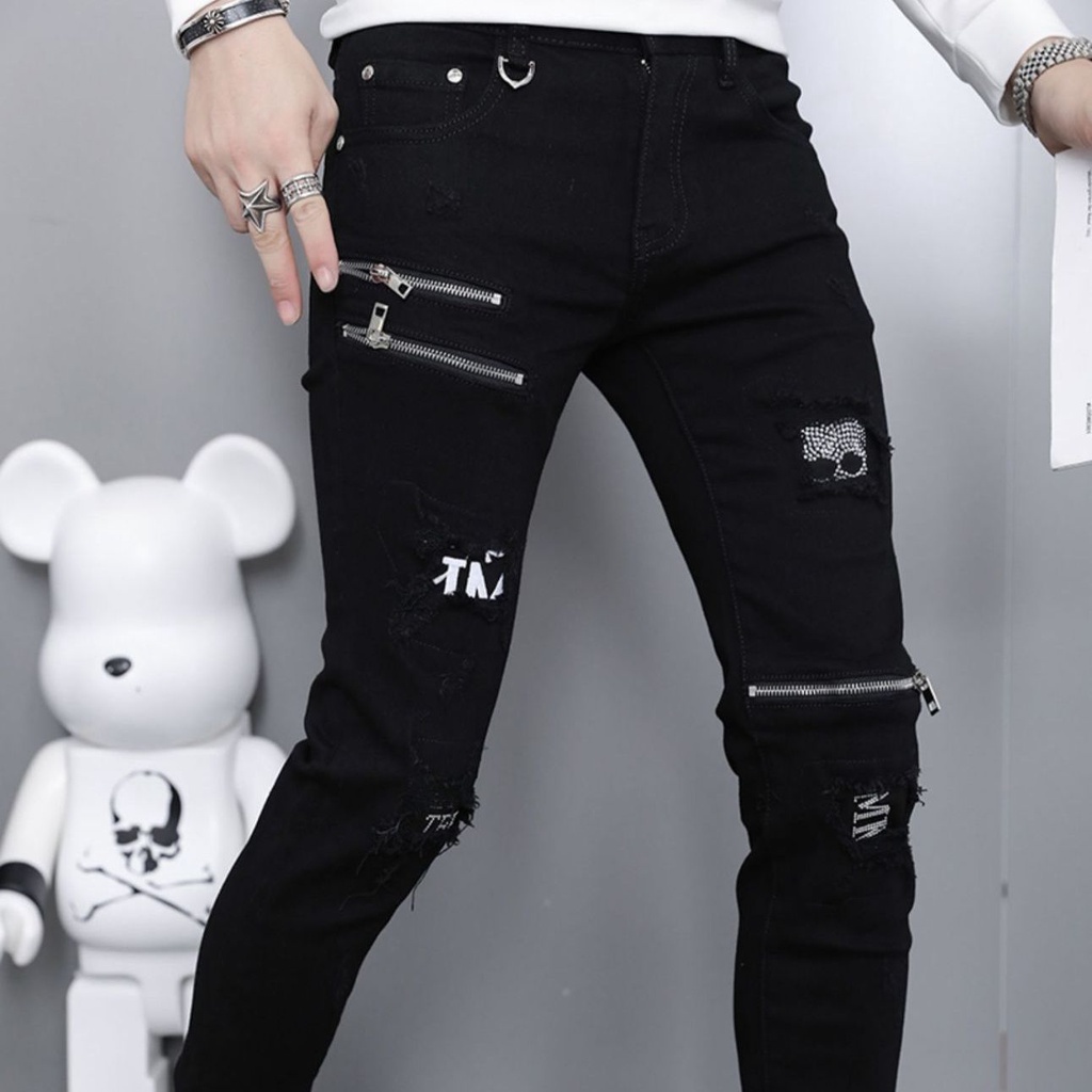 Personalized Ripped Jeans Men S Patch Zipper Style European And American Beggar Pants Korean Version Of The New All-Matc/Seluar Jeans Koyak Peribadi Lelaki S Tampal Gaya Zip Eropah Dan Amerika Seluar Pengemis Korea Versi Baru All-Matc