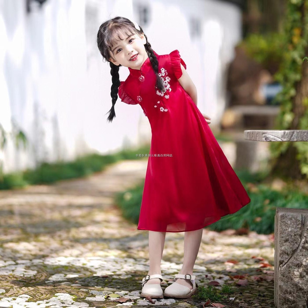 Chinese style girls' cheongsam summer children's Hanfu dress big children's princess dress girls' guzheng performance dress