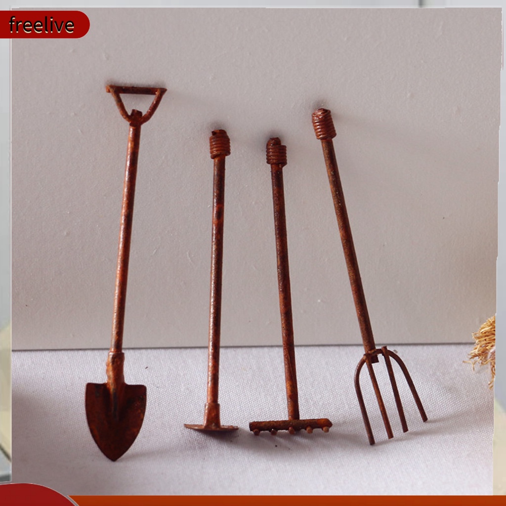 (freelive) 4Pcs/Set Farming Tools Miniature Creative Decoration Ornaments Garden Shovel Hoe Pitchfork Model for Dollhouse