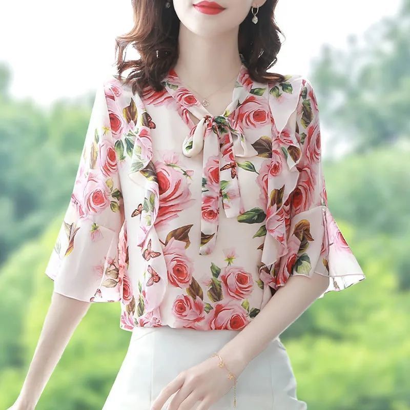Women's Floral Blouse Fashion V-neck Chiffon Shirt Casual Thin Top