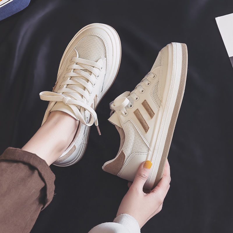 (New Product) Women's All-Match Casual Low-Top Sports Leather Panel Shoes With Thick-Soled White