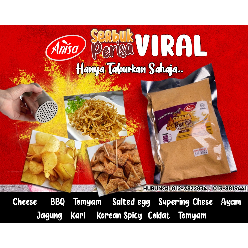 SERBUK PERISA VIRAL / SEASONINGS POWDER 100G (BBQ, HOT SPICY, CHEESE, AYAM, SALTED EGG, KARI, TOMYAM, JAGUNG, COKLAT)