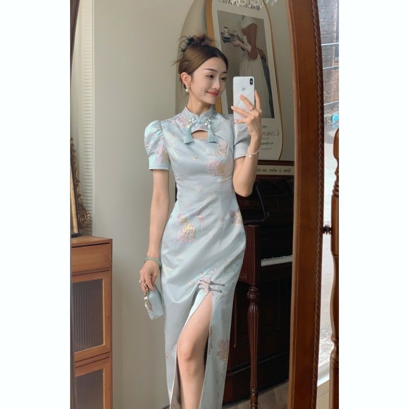 2023 National Style New Chinese Style Temperament Celebrity Improved Qipao Republic of China Style French Dress2023国风新中式气质名媛改良旗袍民国风法式连衣裙